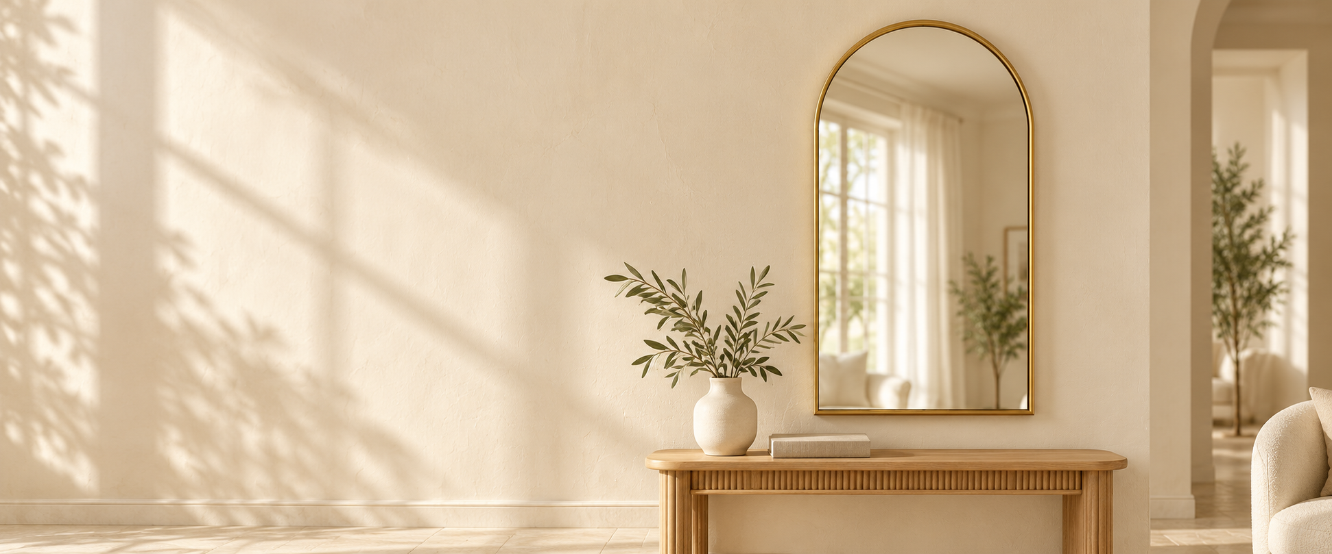 A gold arch mirror above an oak console in a light neutral room